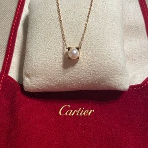 C DE CARTIER NECKLACE Rose Gold w/ Akoya Pearl 16” Like New with Cert & Pouch.